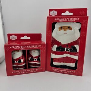 Holiday Time Ceramic Santa Spoon Rest‎ and Salt Pepper Shaker Set